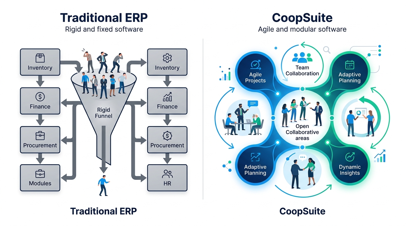 Visual comparison showing Traditional ERP vs CoopSuite